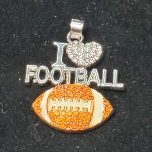 I Love Football Rhinestone Silver Tone Pendant 1.25"